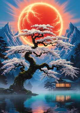 Japanese landscape with cherry blossom tree