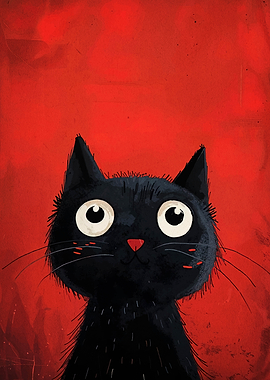 Cartoon Black Cat on Red Background