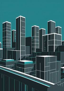 Minimalist Teal City Skyline — Geometric Modern Urban Illustration