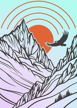 Mountain Landscape with Eagle and Sun