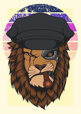Cyberpunk Lion with Cigar and Cap