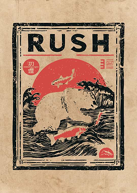 RUSH Bear Salmon Vintage Style Art