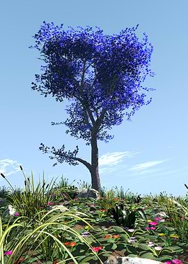 Blue Tree in a Floral Meadow