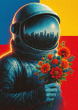 Astronaut with Flowers and City Reflection