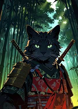 Samurai Cat in Bamboo Forest