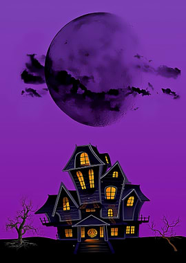 Spooky Haunted House Under Full Moon