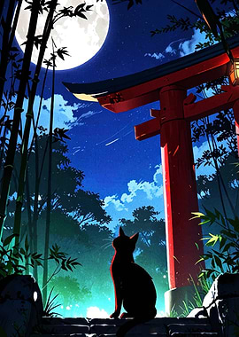 Cat under Torii Gate at Night