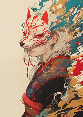 Woman with Kitsune Mask Digital Art