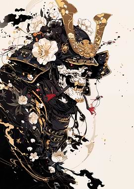 Samurai Skull with Flowers and Armor