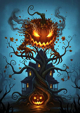 Halloween Pumpkin Tree with Haunted House