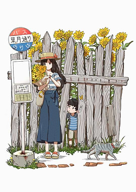 Girl with sunflowers at bus stop