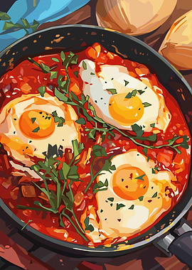 Shakshuka with Eggs in Pan Illustration