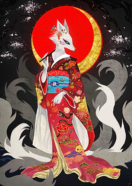 Fox Spirit in Kimono with Parasol