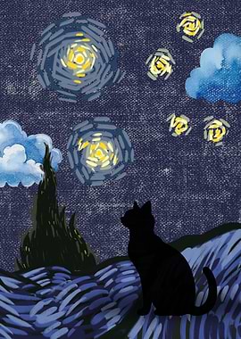 Starry Night Cat Art