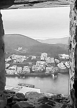 Monochrome view of an island through window