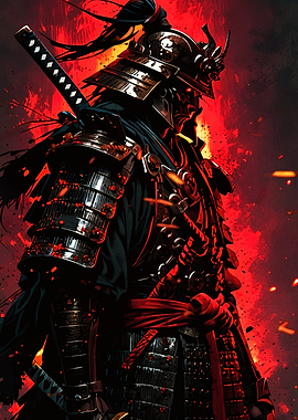 Samurai Warrior in Fiery Red Ambiance