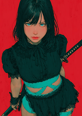 Anime Girl with Katana on Red