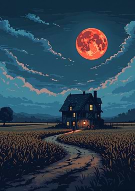 Rural House Under a Blood Moon