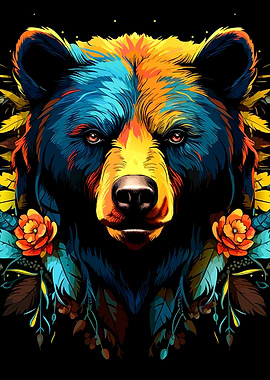 Colorful Bear Portrait with Floral Accents