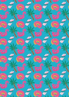 Summer Pattern with Flamingo, Donut, Palm