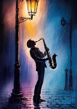 Saxophone Player in the Rain