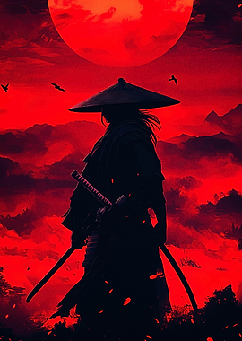 Samurai Silhouette Under Red Moon