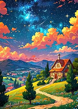 Dreamy Cottage Starry Sky