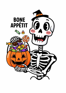Halloween Skeleton with Pumpkin Candy Bucket