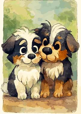 Two Cute Cartoon Puppies Illustration