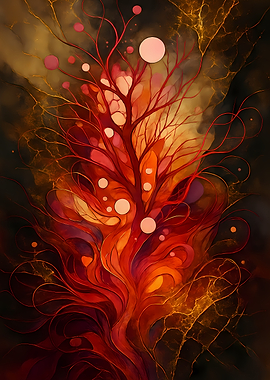 Abstract Porcelain #114 - Abstract Red Tree with Circles