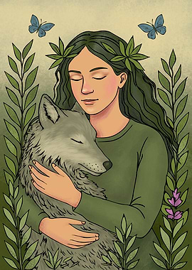 Woman embracing wolf in nature art