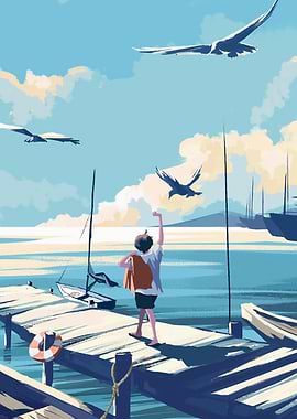Seaside Dock with Boy and Seagulls