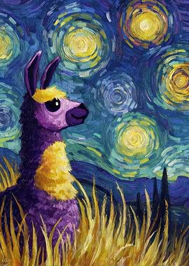 Llama in Starry Night Style Painting