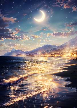 Moonlit Waves - Dreamy Ocean Shoreline Under Crescent Moon
