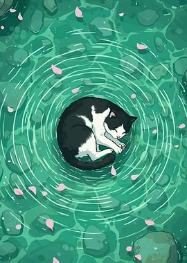 Sleeping Cat in Pond with Petals