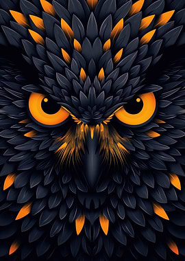 Fierce owl vector portrait with glowing orange eyes