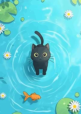 Black Cat and Goldfish in Pond