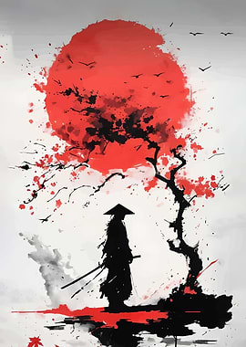 Samurai Silhouette with Red Sun