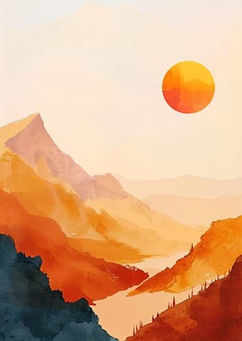 Watercolor Mountain Landscape with Rising Sun