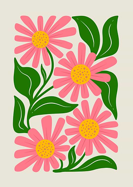 Pink Flowers and Green Leaves Art