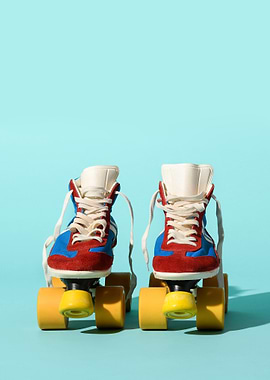 Retro Roller Skates on Blue Background