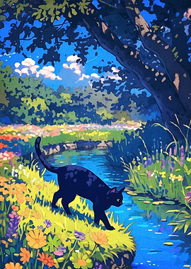 Black Cat by Stream in Floral Meadow