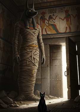 Anubis Statue and Black Cat in Tomb