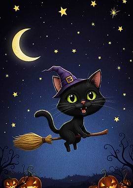 Halloween Black Cat Witch on Broom
