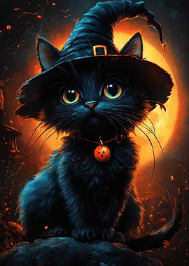 Halloween Black Cat with Witch Hat