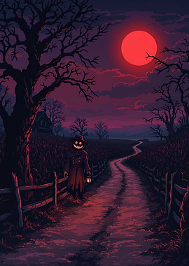 Pixel Art Scarecrow on a Dark Road