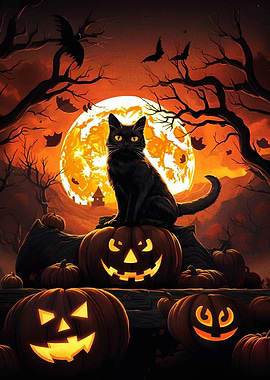 Halloween Black Cat on Pumpkins