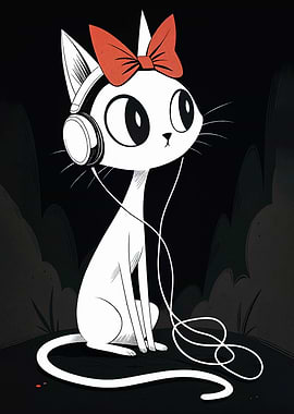 Cartoon Cat with Headphones and Bow
