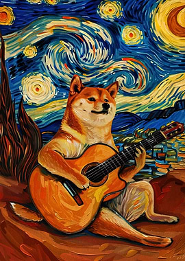 Doge Guitarist in Starry Night Style