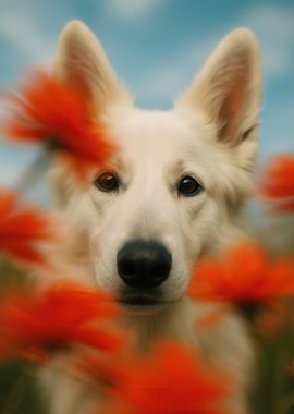 Swiss Shepherd with Red Poppies Dreamy Portrait
